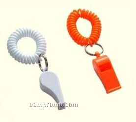Spiral Wrist Keychain W/ Whistle (White/ Orange)