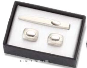 2 Tone Silver Metal Cufflinks W/ Matching Tie Clip W/ Dimple