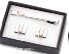 2 Tone Silver Metal Cufflinks W/ Matching Tie Clip W/ 3 Lines