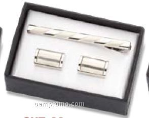 2 Tone Silver Metal Cufflinks W/ Matching Tie Clip W/ Candy Cane Stripe