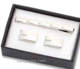 2 Tone Silver Metal Cufflinks W/ Matching Tie Clip W/ Block Design