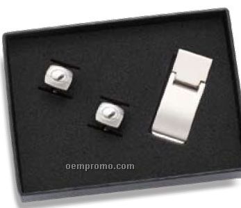 Rounded W/ Dimple Money Clip And Cufflinks Set