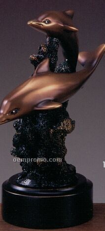 Two Copper Finish Dolphins Trophy - Round Base (5"X7")