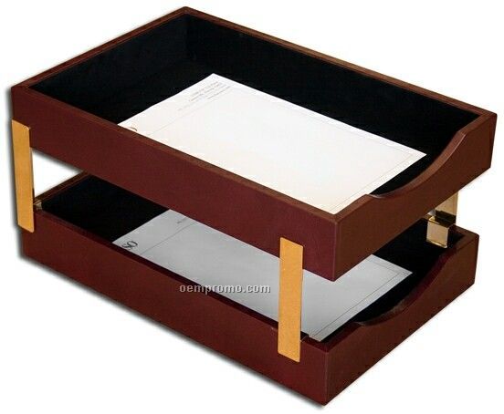 Burgundy Gold-striped Leather Double Front-load Letter Trays (Legal Size )