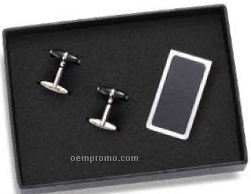 Rectangle 2 Tone Money Clip And Barbell Cufflinks Set