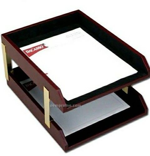 Burgundy Red Classic Leather Double Front-load Letter-size Trays
