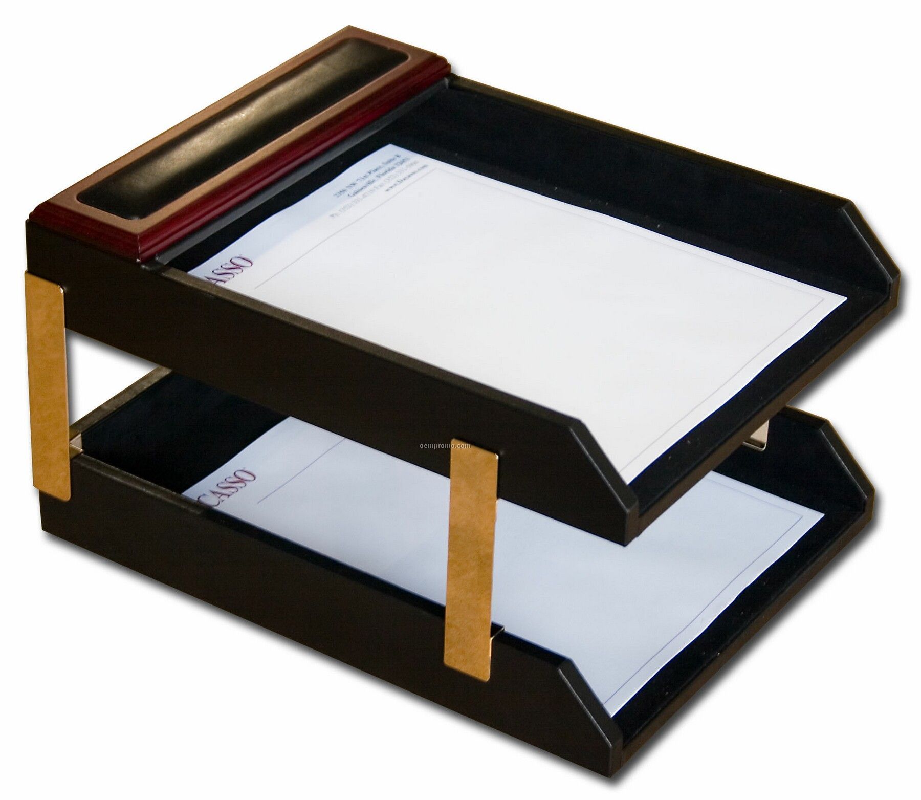Rosewood Wood & Leather Double Front-load Letter Tray (Letter-size)