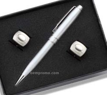 Rounded W/ Dimple Cufflinks & Pen Set