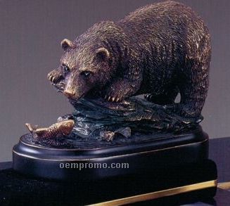 Crouched Bear With Fish Trophy On Oblong Base (5.5"X3.5")