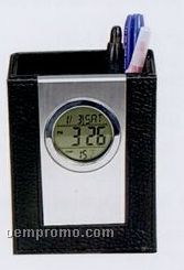 Leather Pen Holder W/Digital Clock