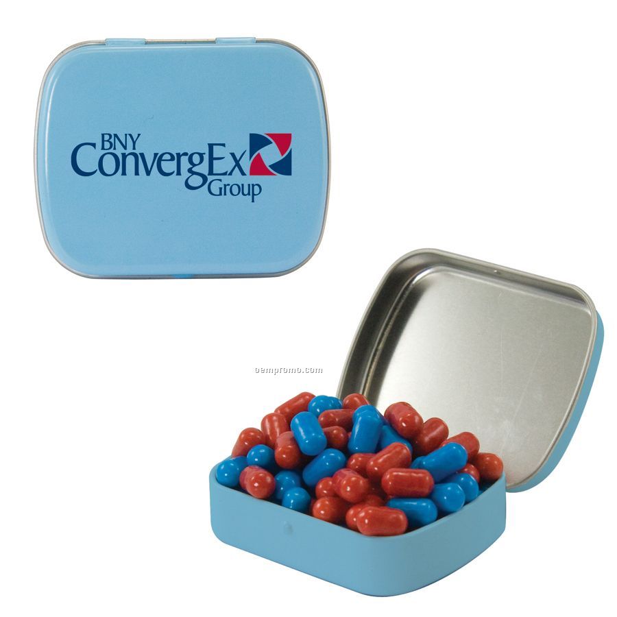 Small Light Blue Mint Tin Filled With Colored Bullet Candy