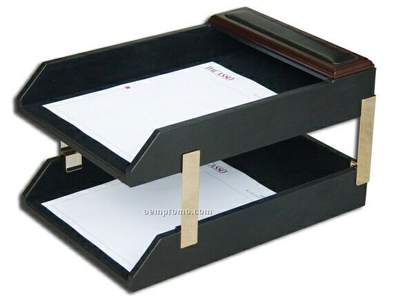 Walnut Wood & Leather Double Front-load Letter Tray (Legal-size)