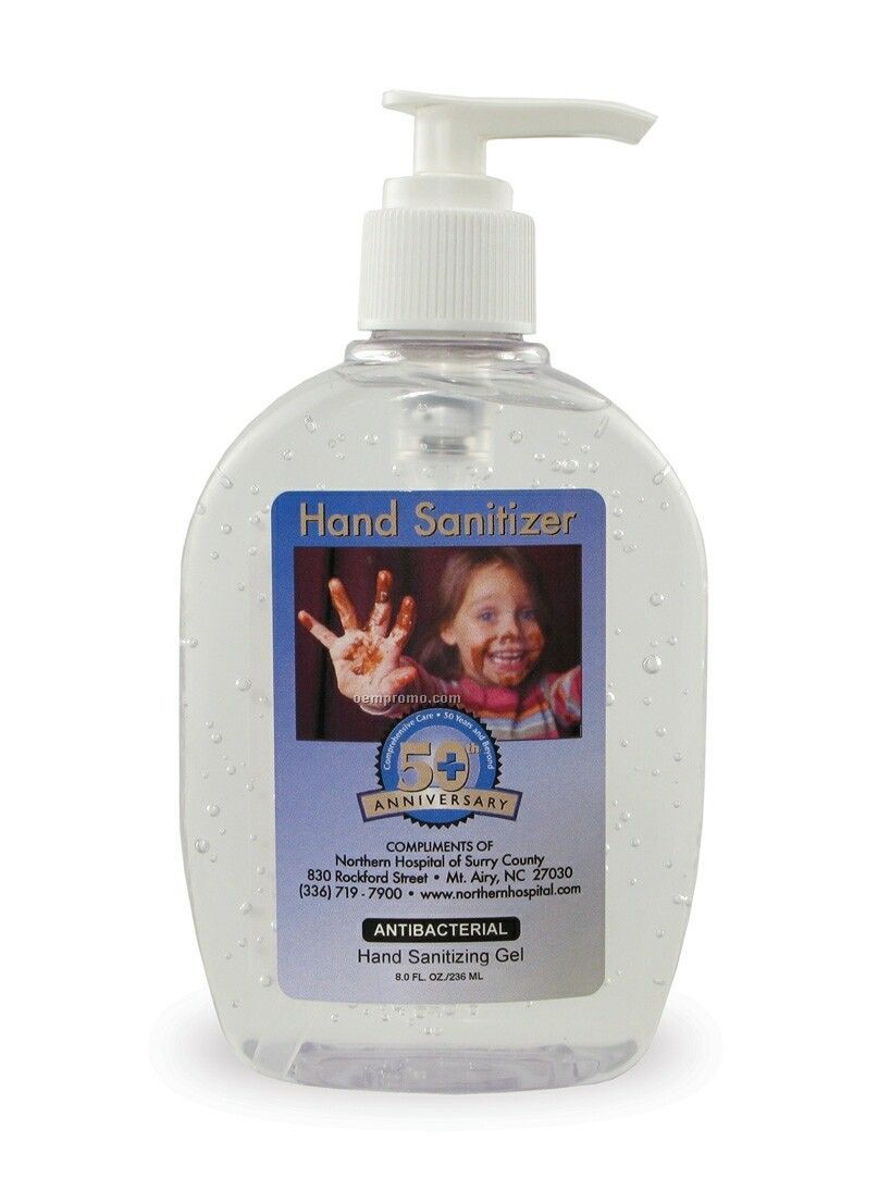 8 Oz. Blue Tint Antibacterial Gel Sanitizer In Short Oval Bottle
