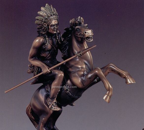Copper Finish Indian Chief On Horse Trophy W/ Oblong Base (8"X10.5")
