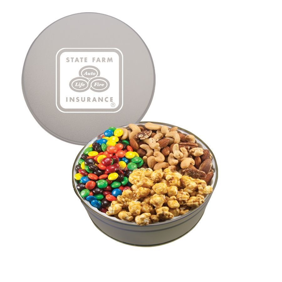 Silver The Grand Tin With M&M's, Mixed Nuts, And Caramel Popcorn