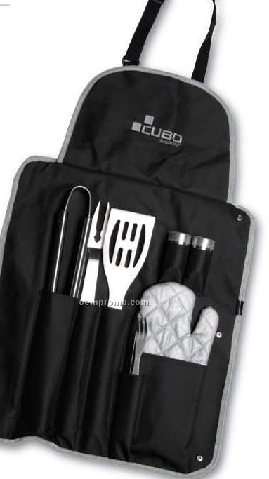 9 Piece Barbecue Set In Travel Wrap/ Apron Combo