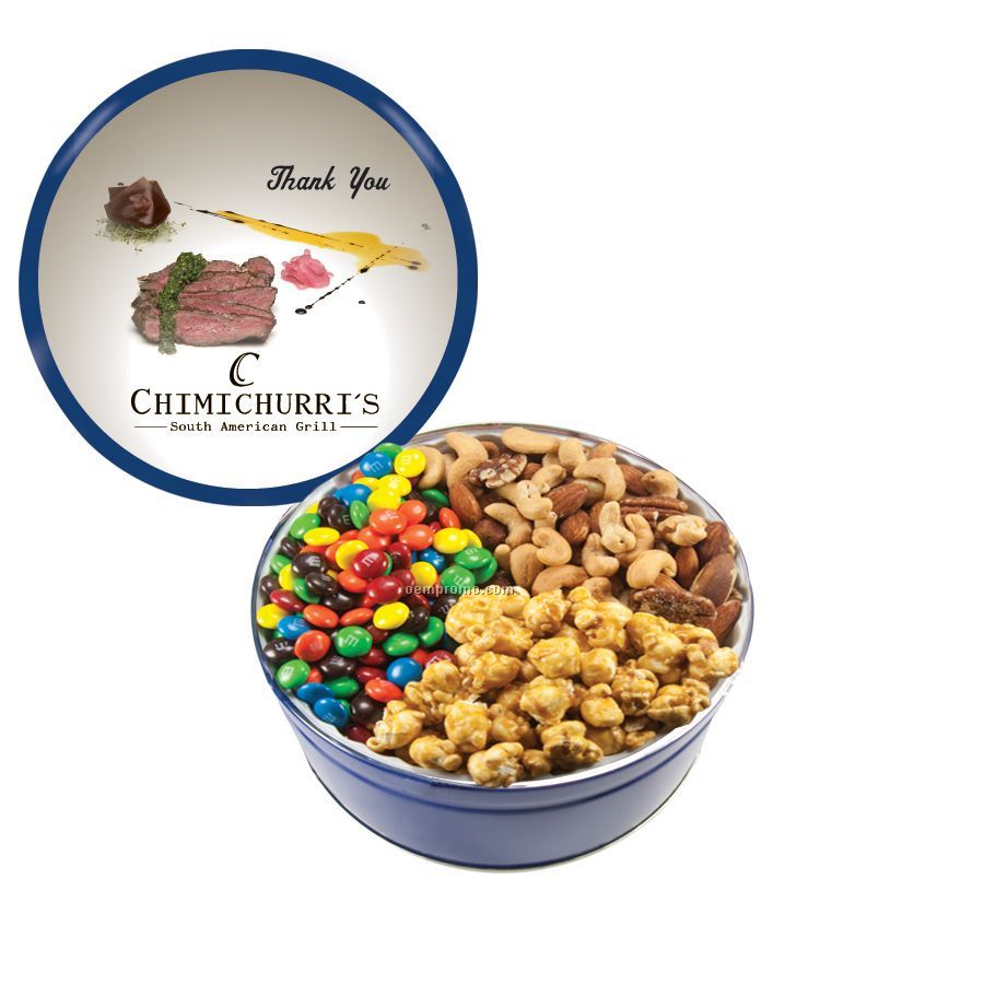 Blue The Royal Tin With M&M's, Nuts, & Caramel Popcorn