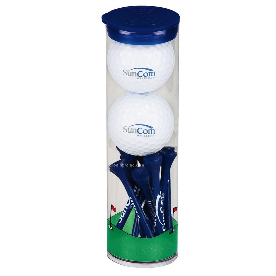 2 Ball Tall Tube & Tees W/ Pinnacle Gold Distance Golf Ball