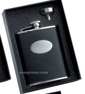 6 Oz. Bonded Black Leather Stainless Steel Flask Funnel Gift Set