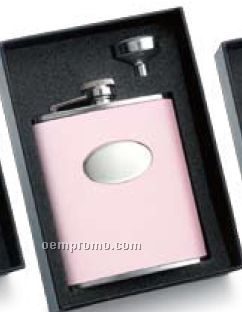 6 Oz. Bonded Pink Leather Stainless Steel Flask Funnel Gift Set