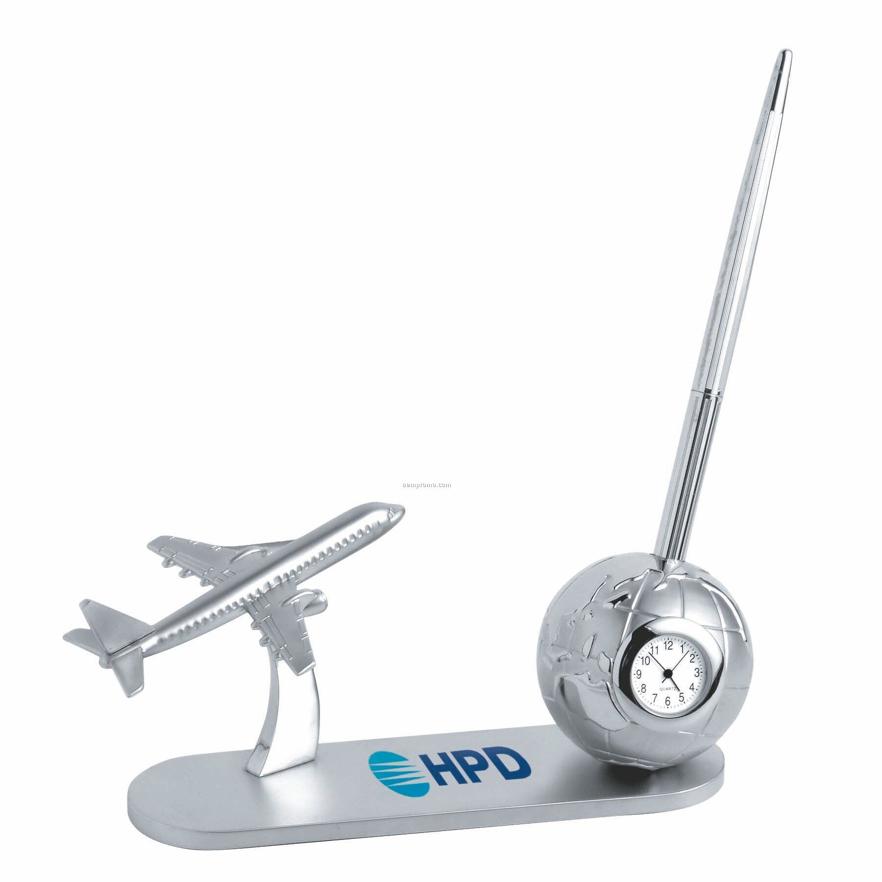 Metal Airplane And Globe Clock Pen Set