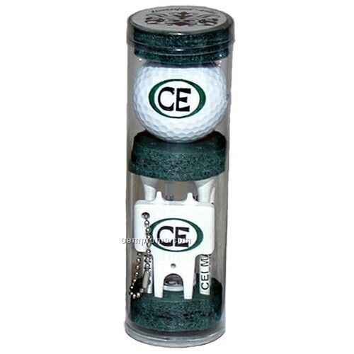 Long Golf Tee Combo Tube Pack W/ 6 Tees/ Ball/ Marker & Plastic Divot Tool