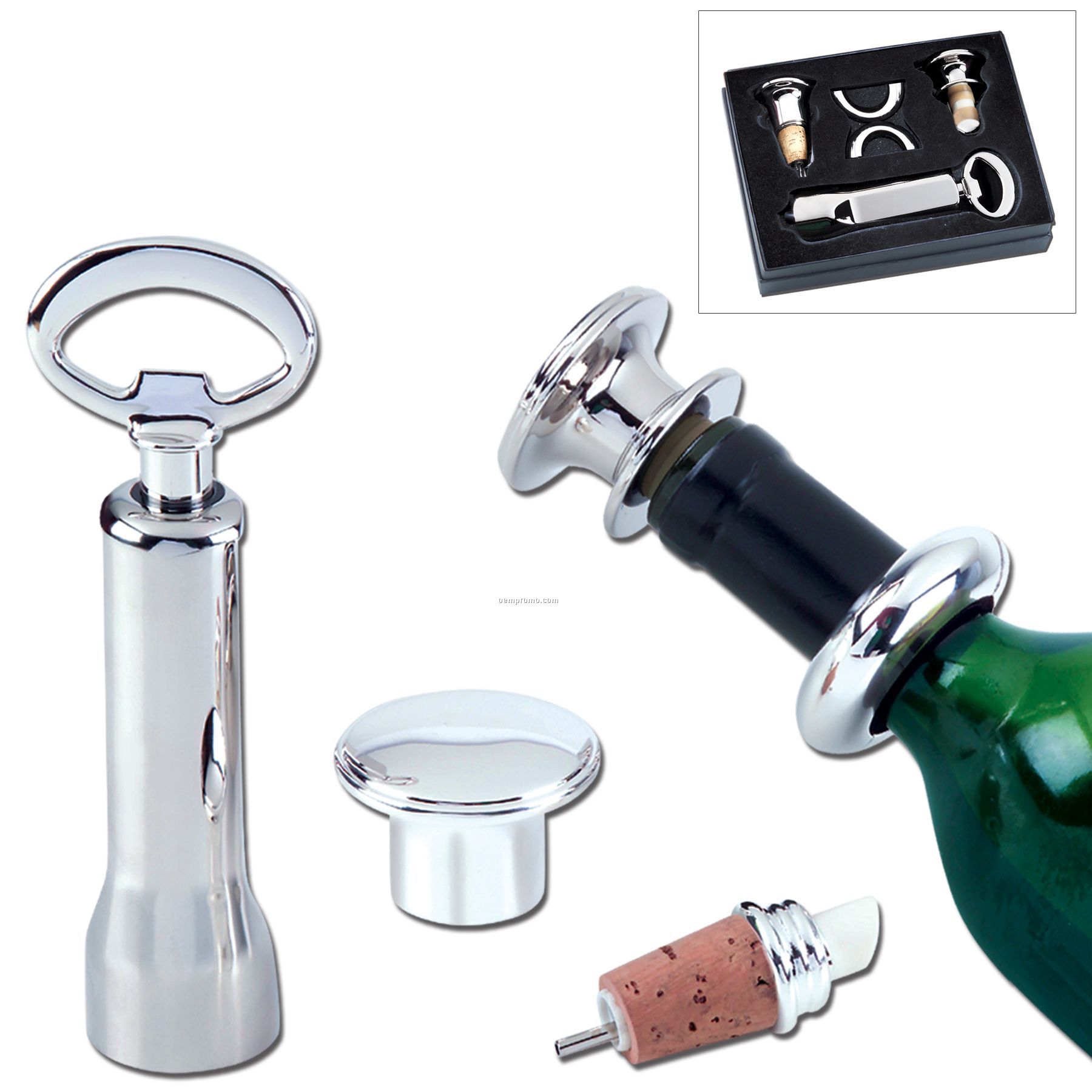 4-piece Wine Set W/ Bottle Opener/Stopper/Drip Ring & Pour Spout