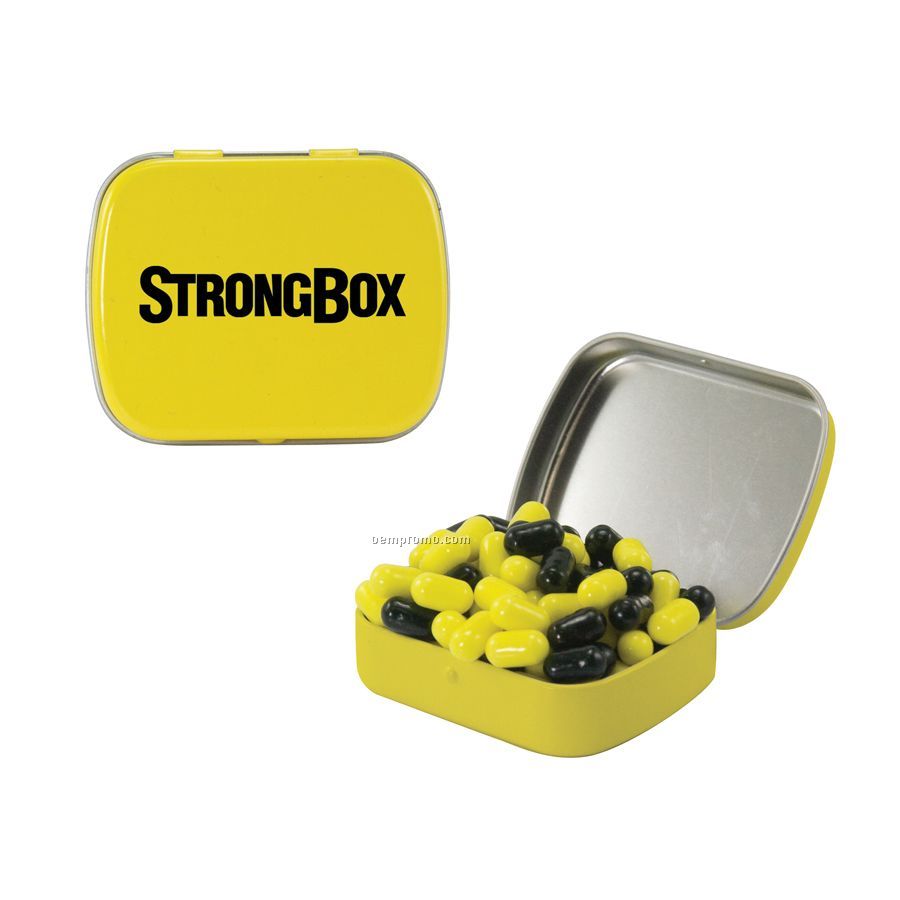 Small Yellow Mint Tin Filled With Colored Bullet Candy