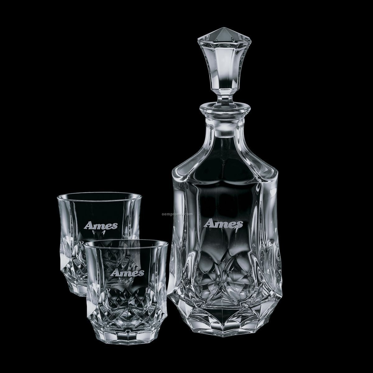25 Oz. Foxborough Crystal Decanter With 2 On The Rocks Glasses