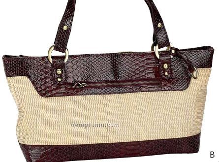 Gigi Chantal Tan Woven Handbag With Brown Croco Trim