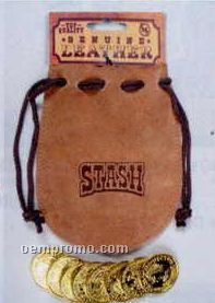 Play Gold Coin Stash In Leather Drawstring Poke