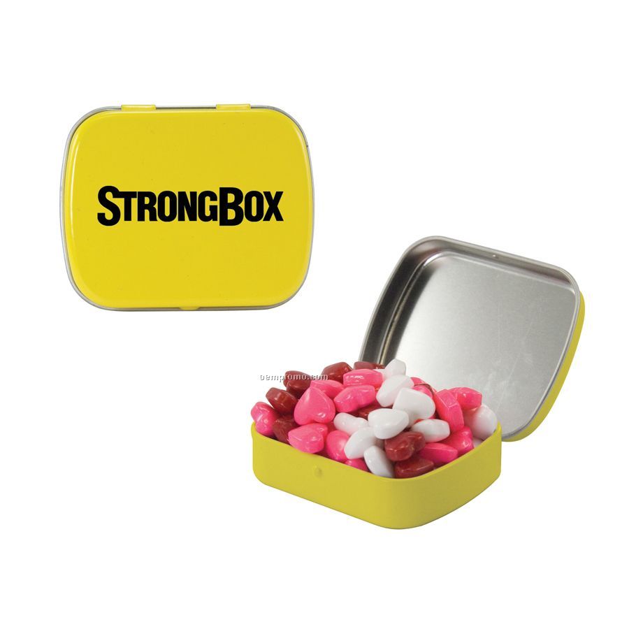 Small Yellow Mint Tin Filled With Candy Hearts