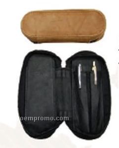 Stone Wash Cowhide 2 Pen Holder W/ Zipper Closure W/ Top Flap / Black