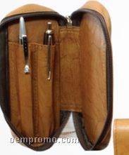Dark Brown Stone Wash Cowhide 2 Pen Holder W/ Zipper Closure W/ Top Flap