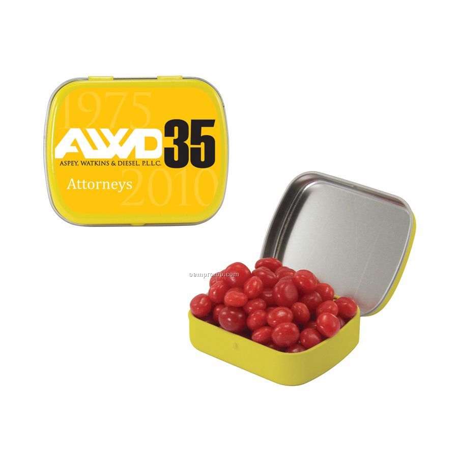 Small Yellow Mint Tin Filled With Cinnamon Red Hots