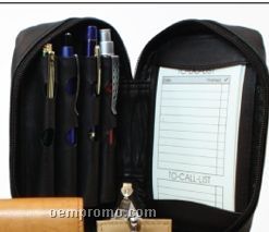 Black Stone Wash Cowhide 4 Pen Zipper Case W/ To Do Page