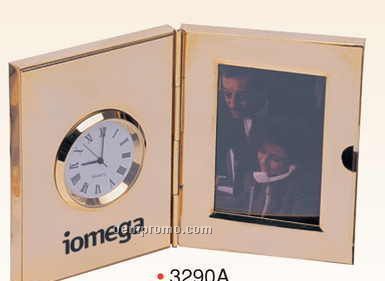 2-in-1 Gold Plated Picture Frame W/ Clock (Screened)