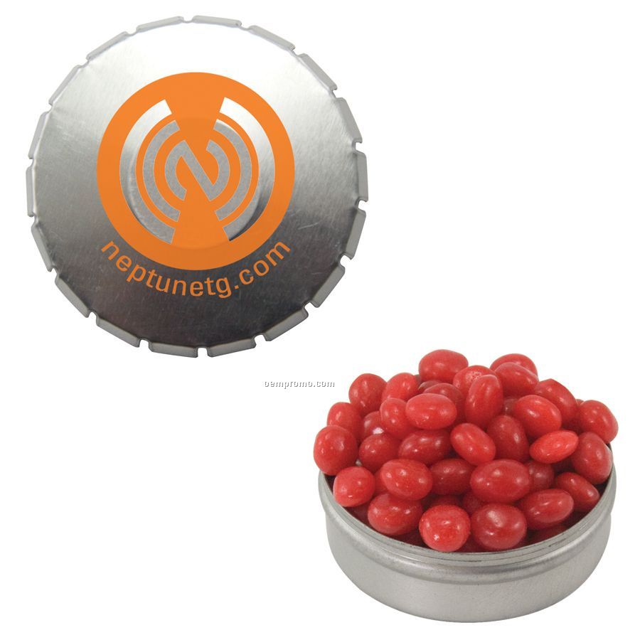 Large Silver Snap Top Round Tin Filled With Cinnamon Red Hots