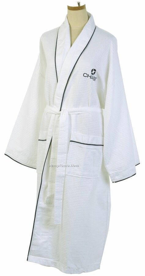 Honeycomb Robe With Navy Piping - Embroidered