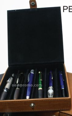 Dark Brown Velvet Lined Stone Wash Cowhide 6 Pen Box
