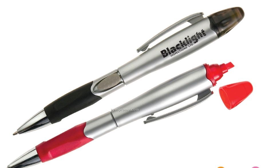 Silver Champion Plastic Ballpoint Pen/Highlighter Combo
