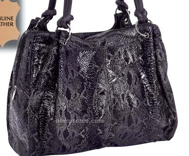 Embassy Large Black Genuine Leather Handbag With Snakeskin Embossing