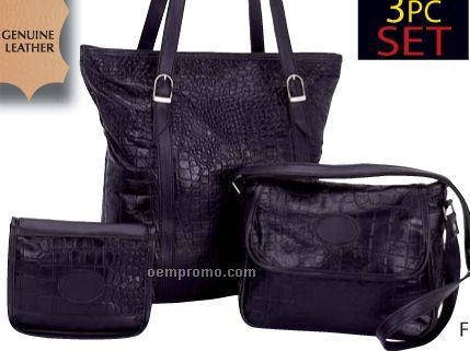 Embassy Black Genuine Leather 3 PC Purse Set With Crocodile Embossing