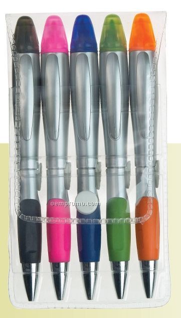Silver Champion Plastic Ballpoint Pen & Highlighter Combo (5 Pack)