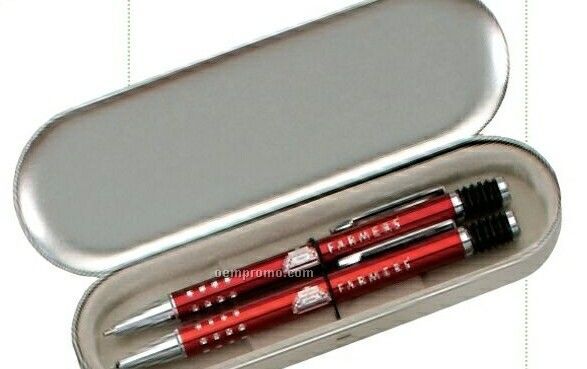 Frosted Ice Red Metal Ballpoint Pen & Pencil Gift Set W/ Tin Box