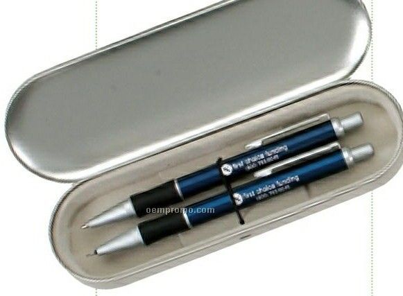 The Blue B33 Pencil And Ballpoint Pen W/ Silver Metal Gift Box