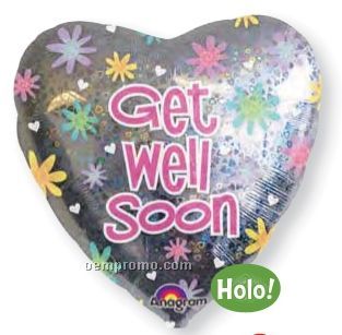32" Holographic Floral Get Well Soon Heart Balloon