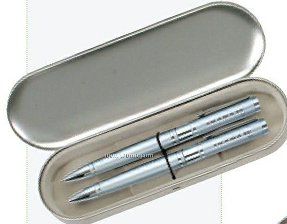 Silver Ballpoint Pen & Pencil W/ Silver Gift Box