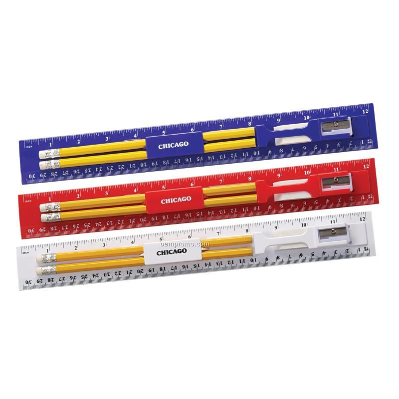 12 Inch Plastic Ruler Kit With Pencil, Eraser And Sharpener