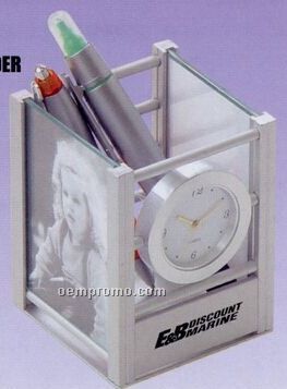 Aluminum Clock W/Pen Holder And Photo Frame (Screen Printed)